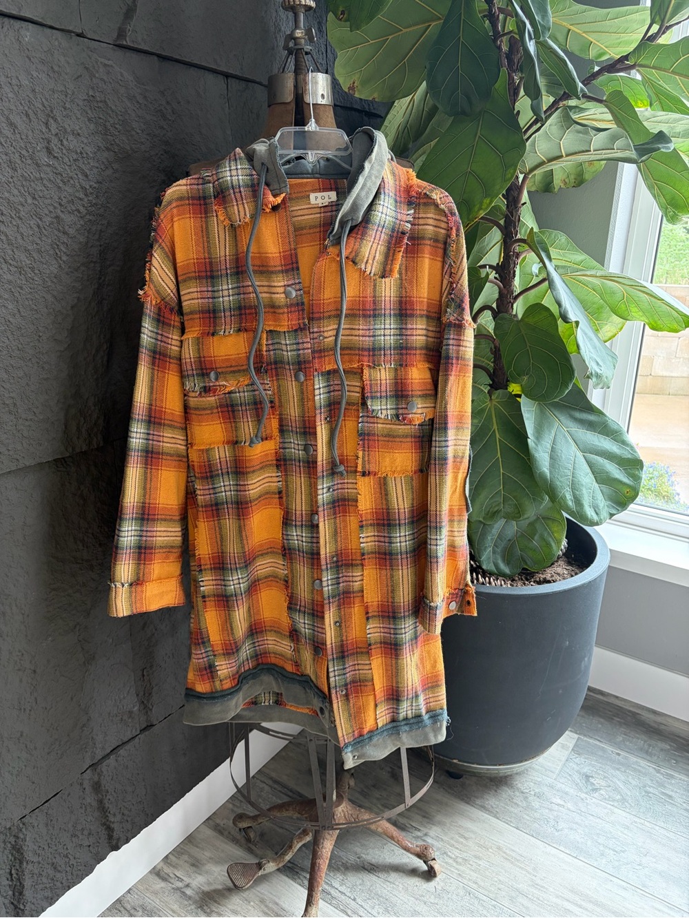 POL Orange Plaid Hooded Flannel Shirt Jacket